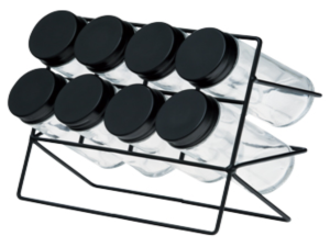 PORTA CONDIMENTO VIDRO C/8 TAMPA-PRETA + SUPORTE-AÇO