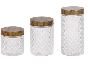 JOGO 3 POTE VIDRO TAMPA MADEIRA