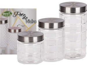JOGO 3 POTE VIDRO TAMPA INOX