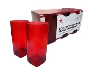 JOGO 6 COPO VIDRO 450ML VERMELHO FUNDO QUADRADO
