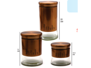 JOGO 3 POTE INOX/VIDRO GOLD 10/15/20CM