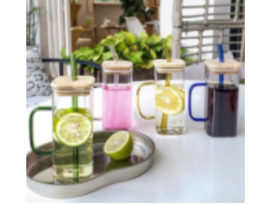 CANECA VIDRO 350ML C/CANUDO + CABO COLOR