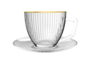 JOGO 6 XICARA VIDRO 90ML GRAFIATO BORDA OURO