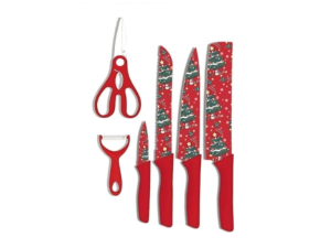 JOGO 6 FACA+TESOURA+DESCASCADOR VERMELHO NATAL