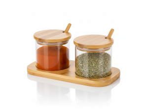 JOGO 2 PORTA CONDIMENTO VIDRO  +  SUPORTE BAMBU