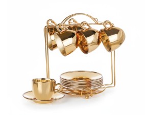 JOGO DE XICARAS COM 6 PEÇAS DE VIDRO 170ML PARA CHA GOLD COM SUPORTE - SEUL